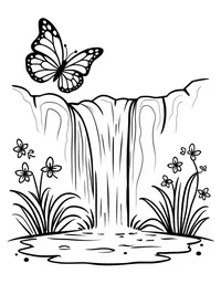 butterfly flutters around a cascading waterfall