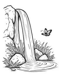 butterfly flutters around a cascading waterfall