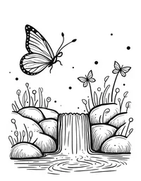 butterfly flutters around a cascading waterfall