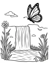 butterfly flutters around a cascading waterfall