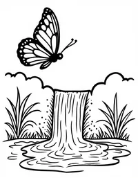 butterfly flutters around a cascading waterfall