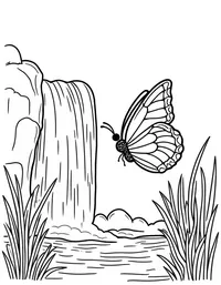 butterfly flutters around a cascading waterfall