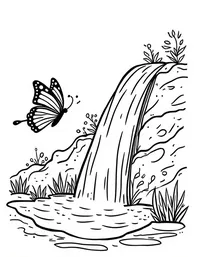 butterfly flutters around a cascading waterfall