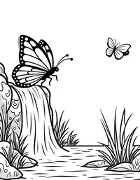 butterfly flutters around a cascading waterfall