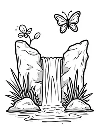 butterfly flutters around a cascading waterfall
