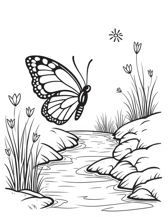 butterfly flutters by a bubbling brook