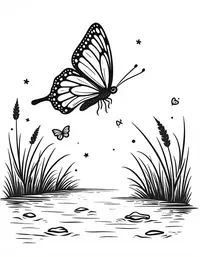 butterfly flutters by a bubbling brook