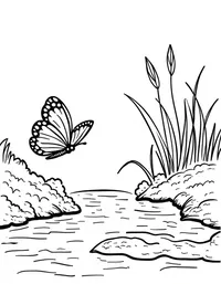 butterfly flutters by a bubbling brook