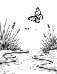 butterfly flutters by a bubbling brook