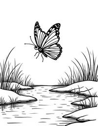 butterfly flutters by a bubbling brook