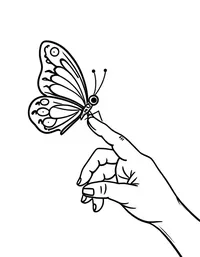 butterfly lands on a child's finger coloring pages