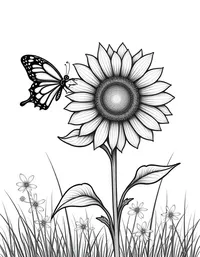 butterfly visits a sunflower in a field coloring pages