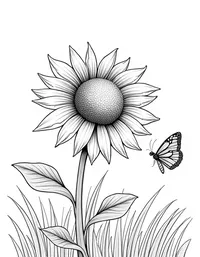 butterfly visits a sunflower in a field