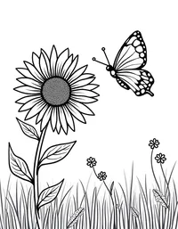 butterfly visits a sunflower in a field