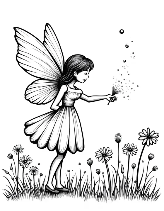 fairy casting spells over a meadow of wildflowers