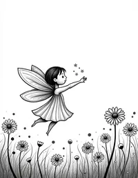 fairy floating amid a field of daisies