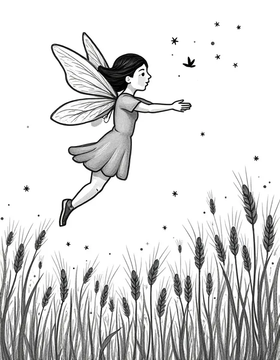 fairy flying over a field of golden wheat