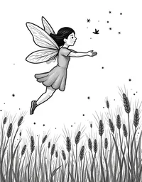 fairy flying over a field of golden wheat coloring pages