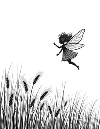 fairy flying over a field of golden wheat