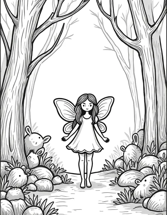 fairy leading a procession of woodland creatures through a dense forest