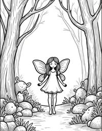 fairy leading a procession of woodland creatures through a dense forest coloring pages