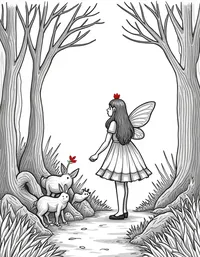 fairy leading a procession of woodland creatures through a dense forest