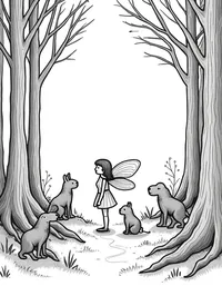 fairy leading a procession of woodland creatures through a dense forest
