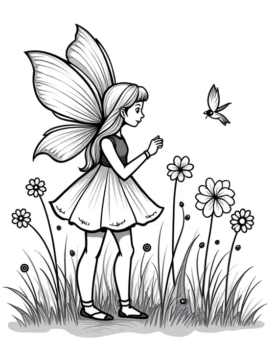 fairy planting seeds in a garden of magic flowers