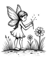 fairy planting seeds in a garden of magic flowers