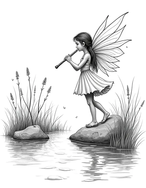 fairy playing a flute near a bubbling brook