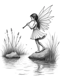 fairy playing a flute near a bubbling brook coloring pages