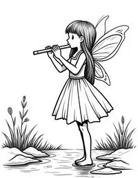 fairy playing a flute near a bubbling brook