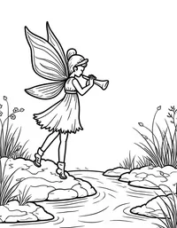 fairy playing a flute near a bubbling brook