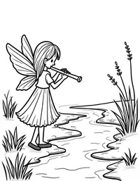 fairy playing a flute near a bubbling brook