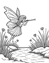 fairy playing a flute near a bubbling brook