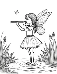 fairy playing a flute near a bubbling brook