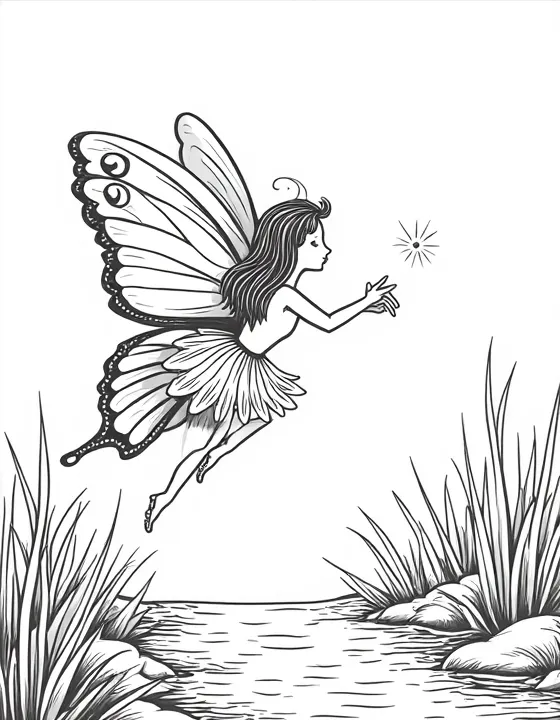 fairy riding a glowing butterfly near a sparkling stream