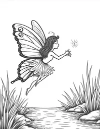 fairy riding a glowing butterfly near a sparkling stream coloring pages