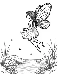 fairy riding a glowing butterfly near a sparkling stream