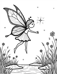 fairy riding a glowing butterfly near a sparkling stream