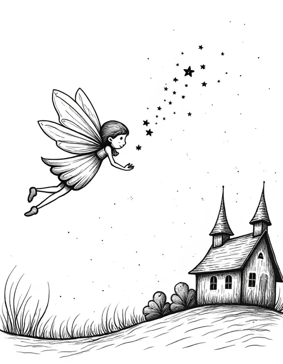 fairy sprinkling magic dust over a sleepy village