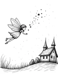 fairy sprinkling magic dust over a sleepy village coloring pages