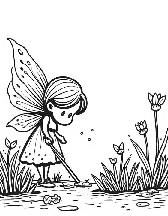 fairy tending to a garden of glowing plants at dusk