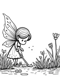 fairy tending to a garden of glowing plants at dusk coloring pages
