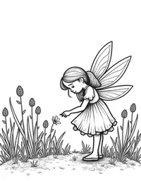 fairy tending to a garden of glowing plants at dusk