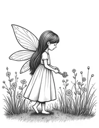 fairy tending to a garden of glowing plants at dusk