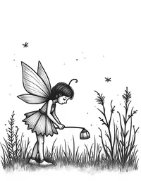 fairy tending to a garden of glowing plants at dusk