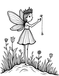 fairy weaving flowers into a crown atop a hill coloring pages