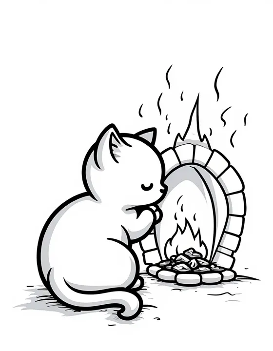 kitten curled up by a fireplace