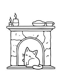 kitten curled up by a fireplace